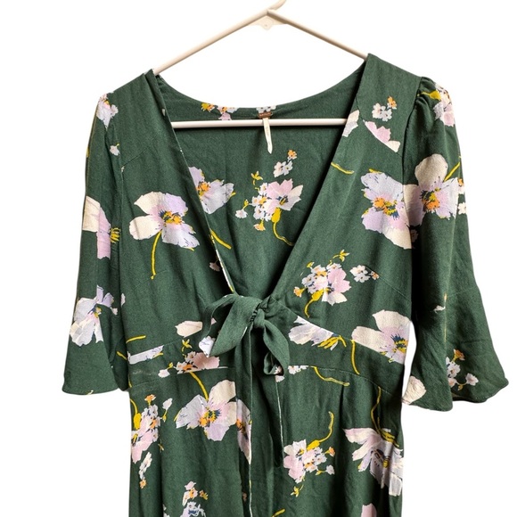 Free People Green Floral Tie Front Mini Dress Size 2 XS Boho Cottagecore - Picture 2 of 4